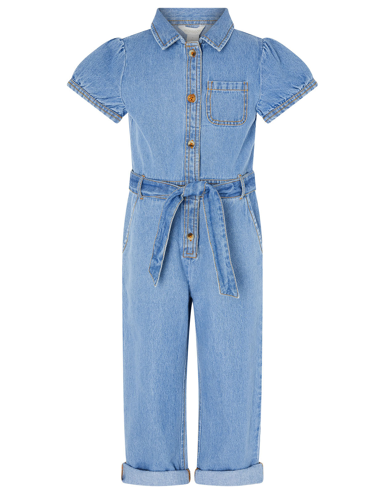 Denim puff cheap sleeve jumpsuit