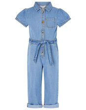 Denim Puff Sleeve Jumpsuit, Blue (BLUE), large