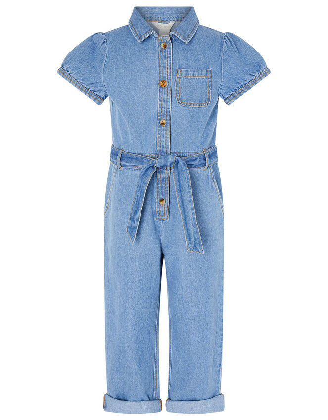 Denim Puff Sleeve Jumpsuit, Blue (BLUE), large