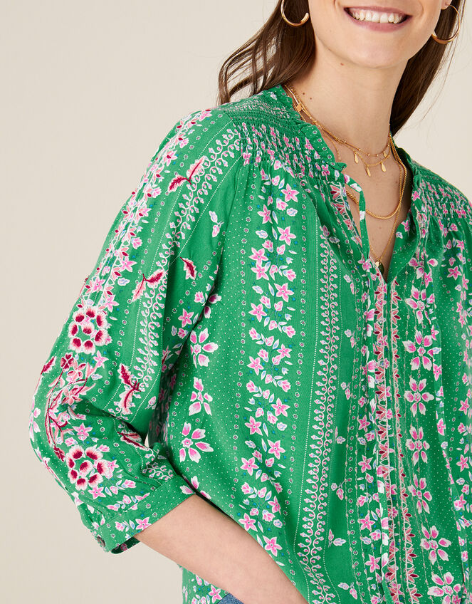 Floral Tie Neck Blouse, Green (GREEN), large