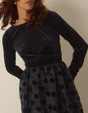 Viana Polka Dot Velvet Midi Dress, Black (BLACK), large