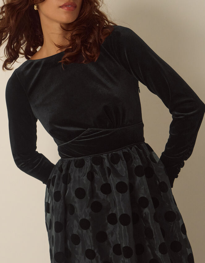 Viana Polka Dot Velvet Midi Dress, Black (BLACK), large