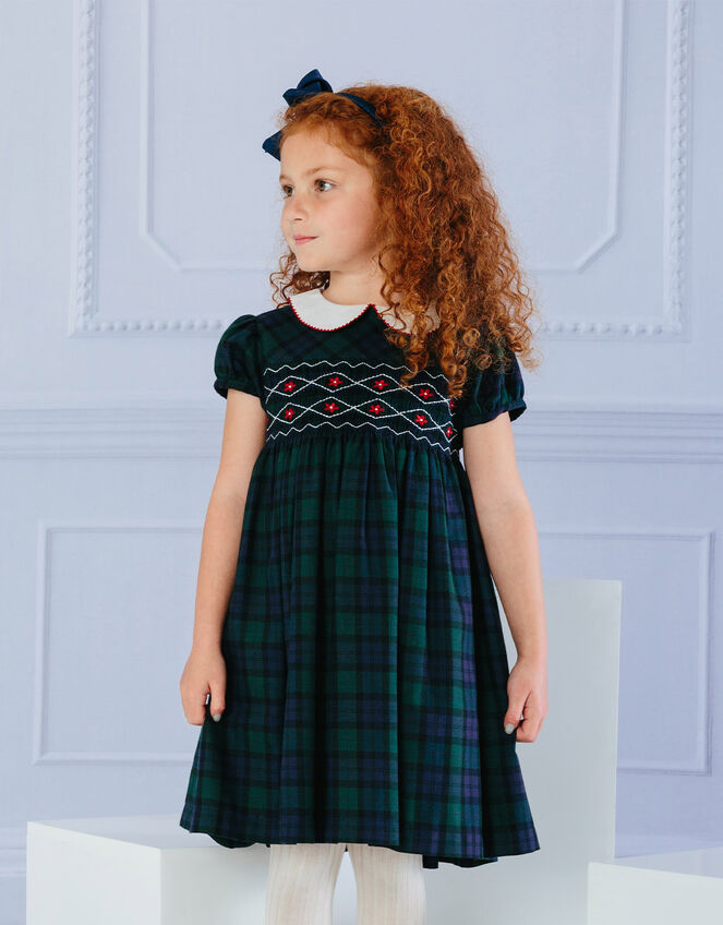 Trotters Tartan Charlotte Short Sleeve Smocked Dress, Blue (NAVY), large