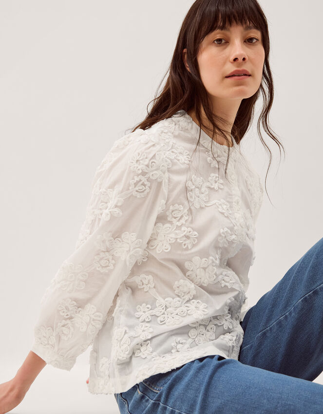 Blair Floral Embroidered Blouse, White (WHITE), large