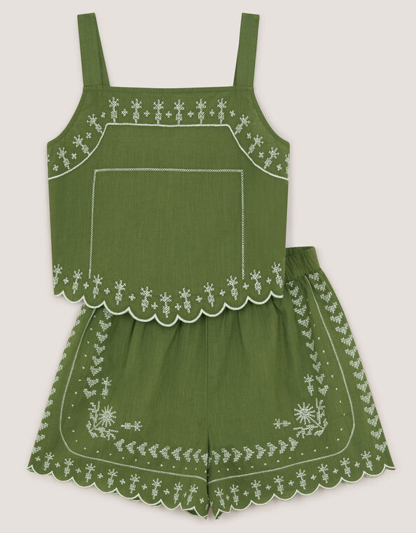 Embroidered Scallop Tank & Shorts Set, Green (KHAKI), large
