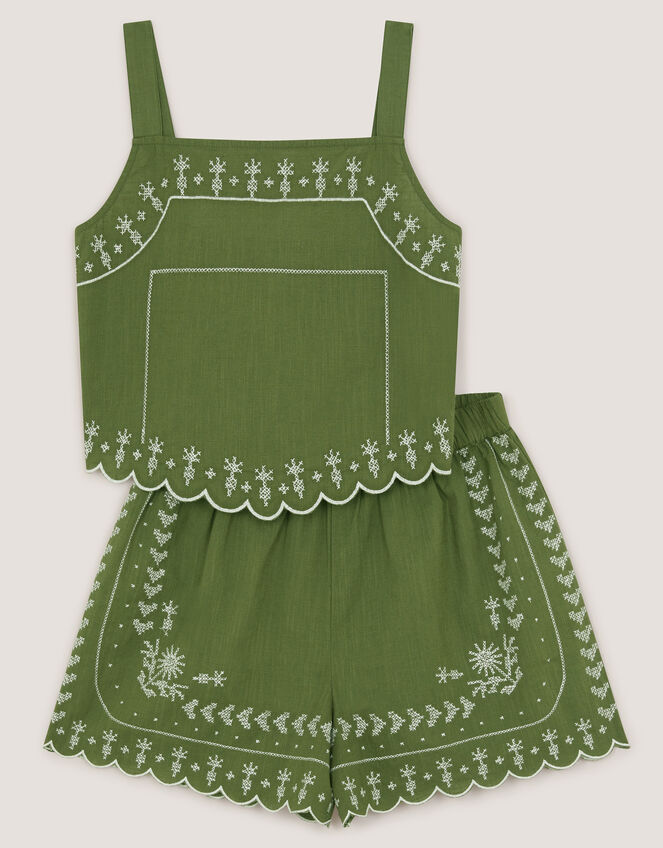 Embroidered Scallop Tank & Shorts Set, Green (KHAKI), large
