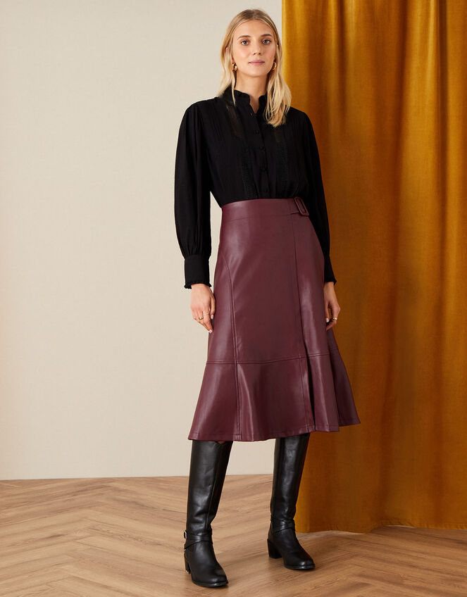 Belted Leather-Look Skirt, Purple (PURPLE), large