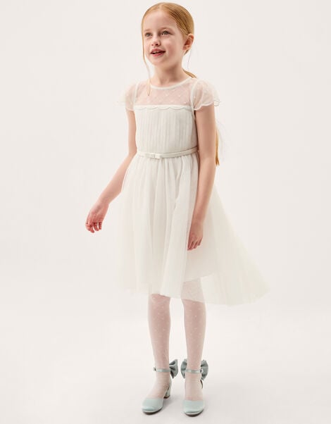 Gracia Embroidered Yoke Tulle Dress, Ivory (IVORY), large