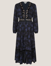 Kelly Floral Print Embellished Midi Dress , Blue (MIDNIGHT), large