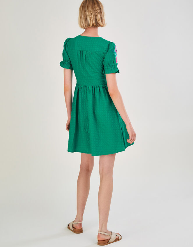 Embroidered Knee Length Dress in Sustainable Cotton, Green (GREEN), large