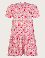 Heart Print Puff Sleeve Dress, Pink (PINK), large