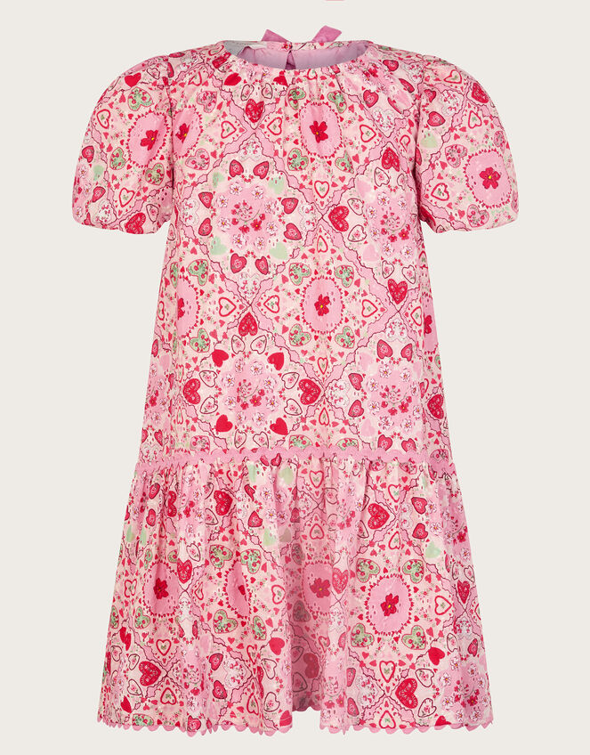 Heart Print Puff Sleeve Dress, Pink (PINK), large