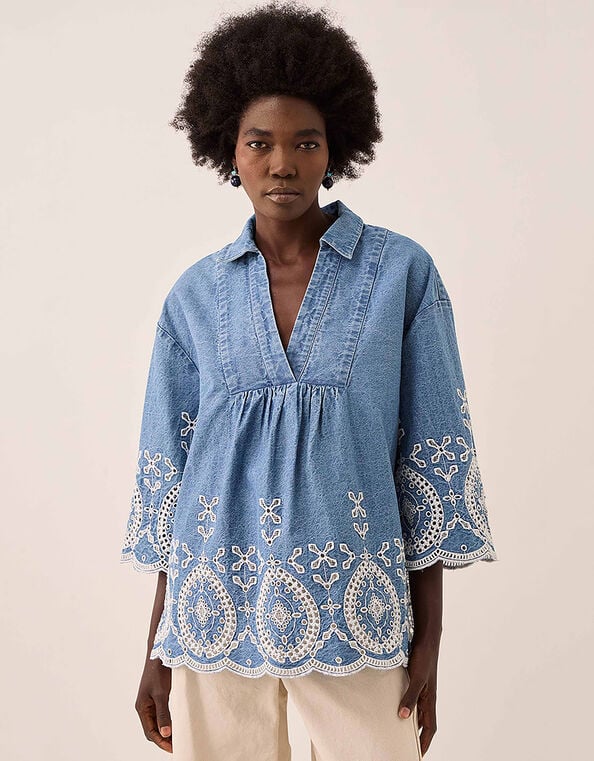 East Denim Broderie Shirt, Blue (BLUE), large