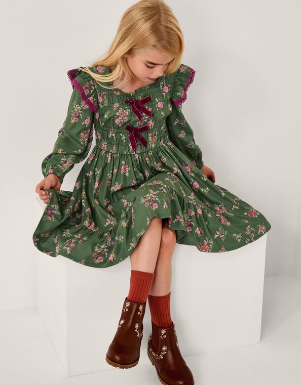 Butterfly Floral Bow Shirred Dress, Green (GREEN), large