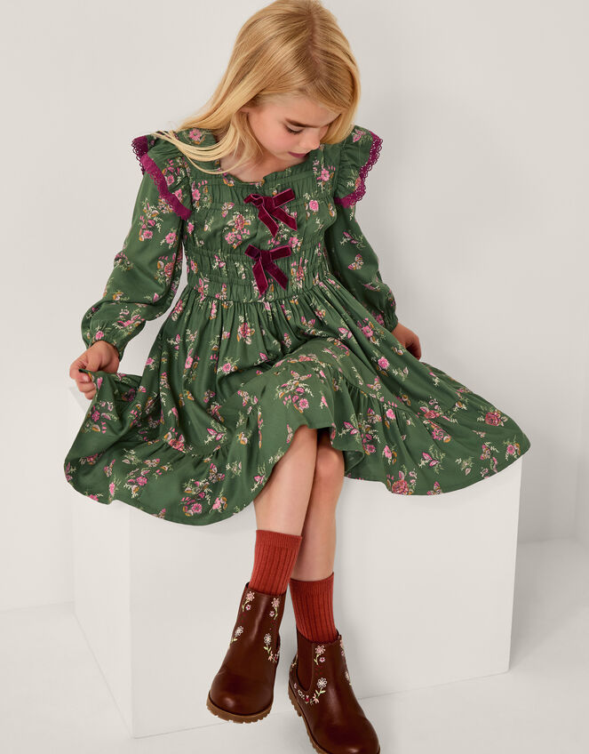 Butterfly Floral Bow Shirred Dress, Green (GREEN), large