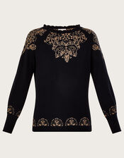 Frill Neck Floral Metallic Jumper, Black (BLACK), large