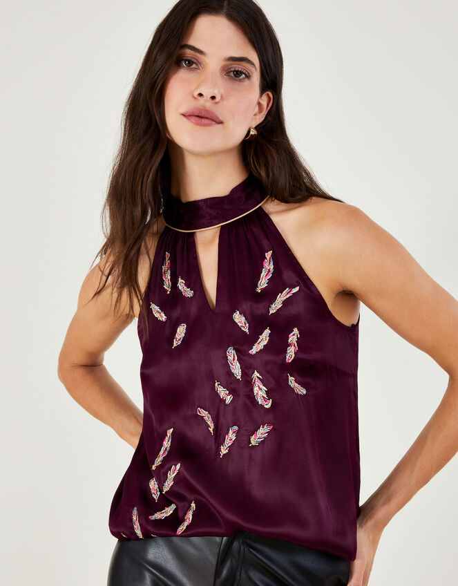 Simone Embroidered Feather Halter Neck Top, Purple (PURPLE), large