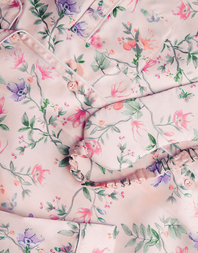 Satin Azalea Floral Print Long Pyjamas and Eye Mask Set, Pink (PINK), large