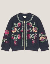 Floral Embroidered Quilted Bomber Jacket, Blue (NAVY), large