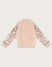 Sequin Sleeve Faux Fur Bomber Jacket, Gold (GOLD), large
