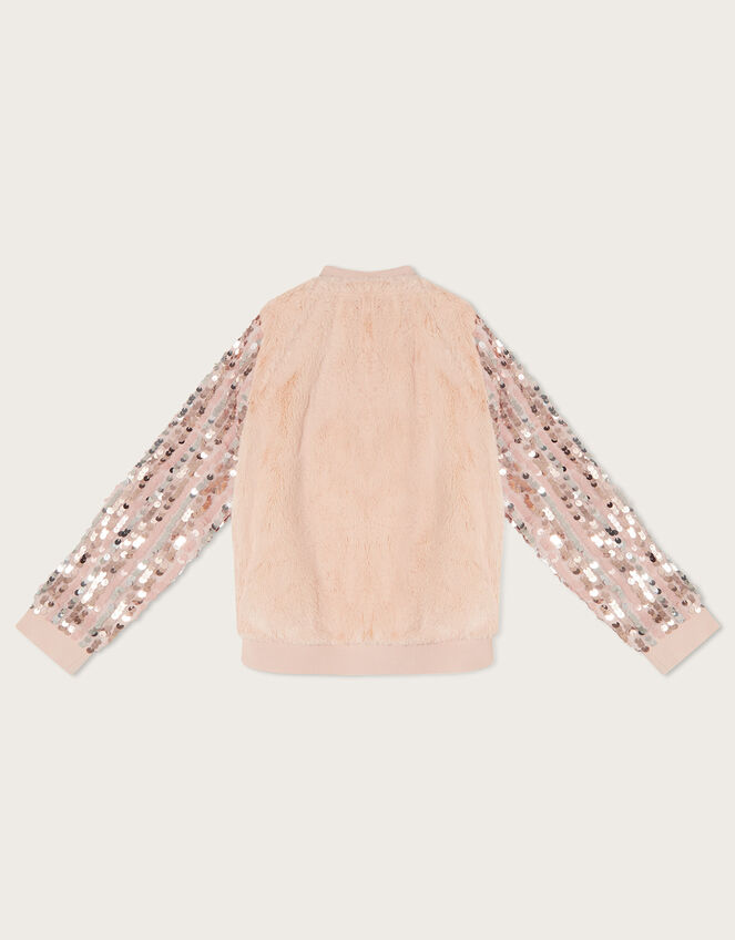 Sequin Sleeve Faux Fur Bomber Jacket, Gold (GOLD), large