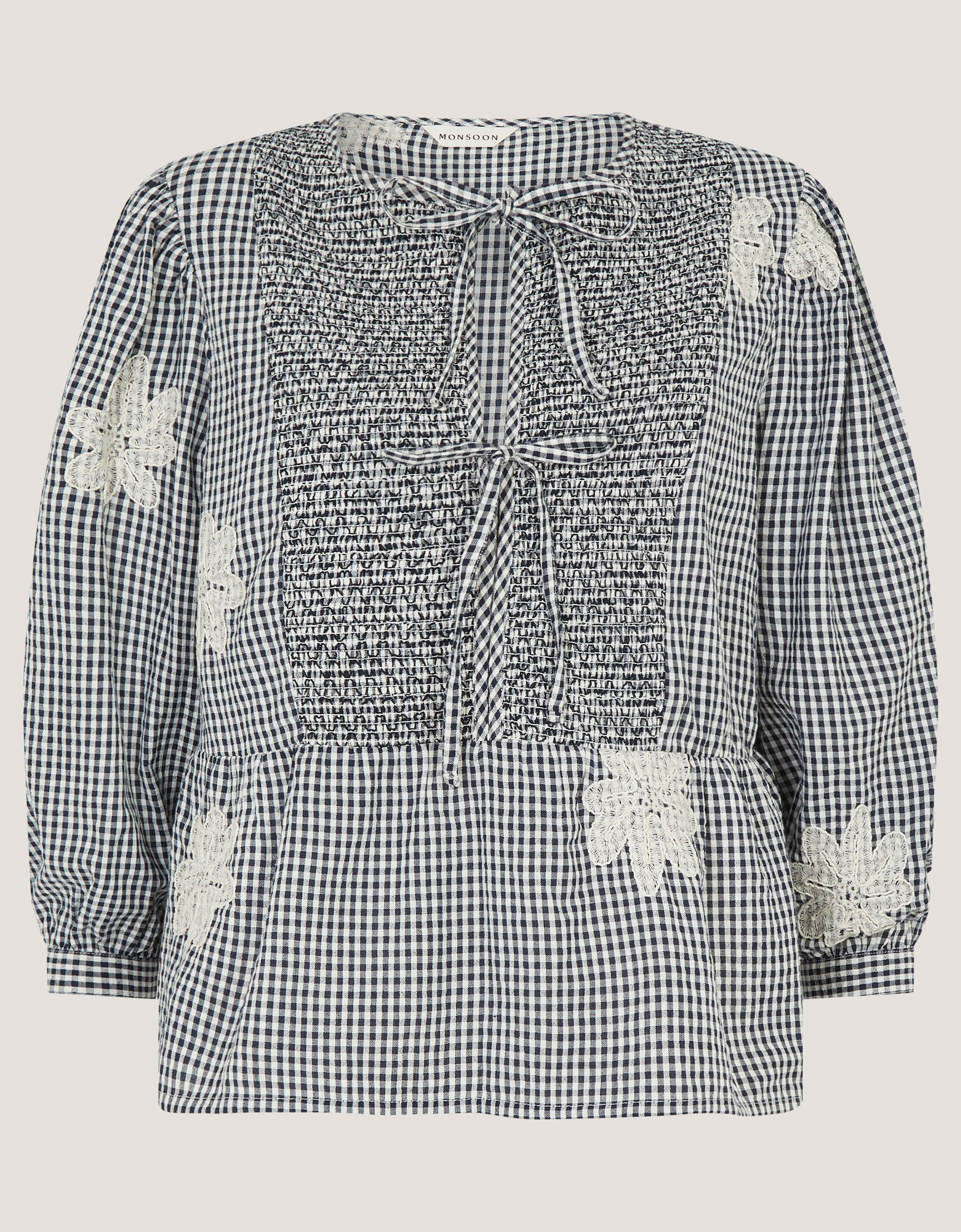 Mimi Embroidered Gingham Top, Black (BLACK), large