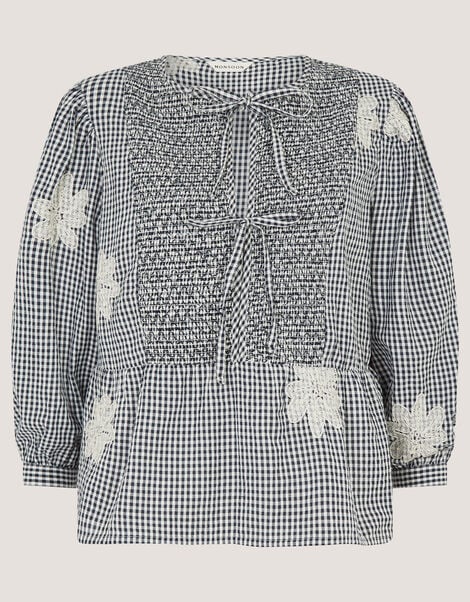 Mimi Embroidered Gingham Top, Black (BLACK), large