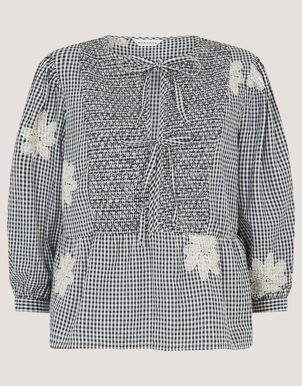 Mimi Embroidered Gingham Top, Black (BLACK), large