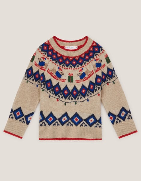 Christmas Snow Dog Fair Isle Jumper, Cream (CREAM), large