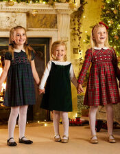 Trotters Tartan Charlotte Short Sleeve Smocked Dress, Blue (NAVY), large
