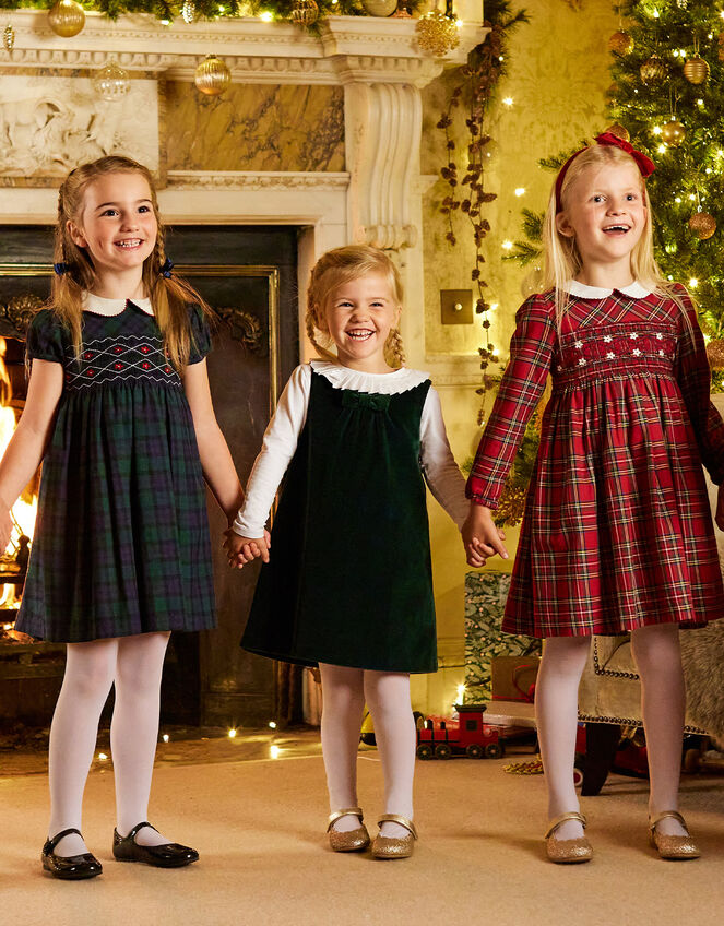 Trotters Tartan Charlotte Short Sleeve Smocked Dress, Blue (NAVY), large
