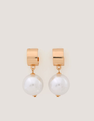 Chunky Pearl Drop Hoop Earrings, , large