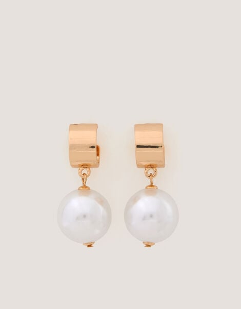 Chunky Pearl Drop Hoop Earrings, , large