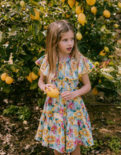 Tropical Print Tiered Bardot Dress, Green (GREEN), large