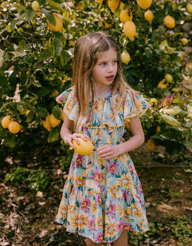 Tropical Print Tiered Bardot Dress, Green (GREEN), large