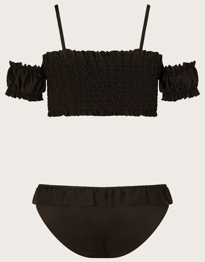 Shirred Cold-Shoulder Bikini with Recycled Polyester, Black (BLACK), large