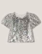 Sequin Puff Sleeve Top, Silver (SILVER), large