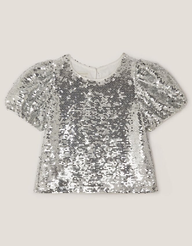 Sequin Puff Sleeve Top, Silver (SILVER), large