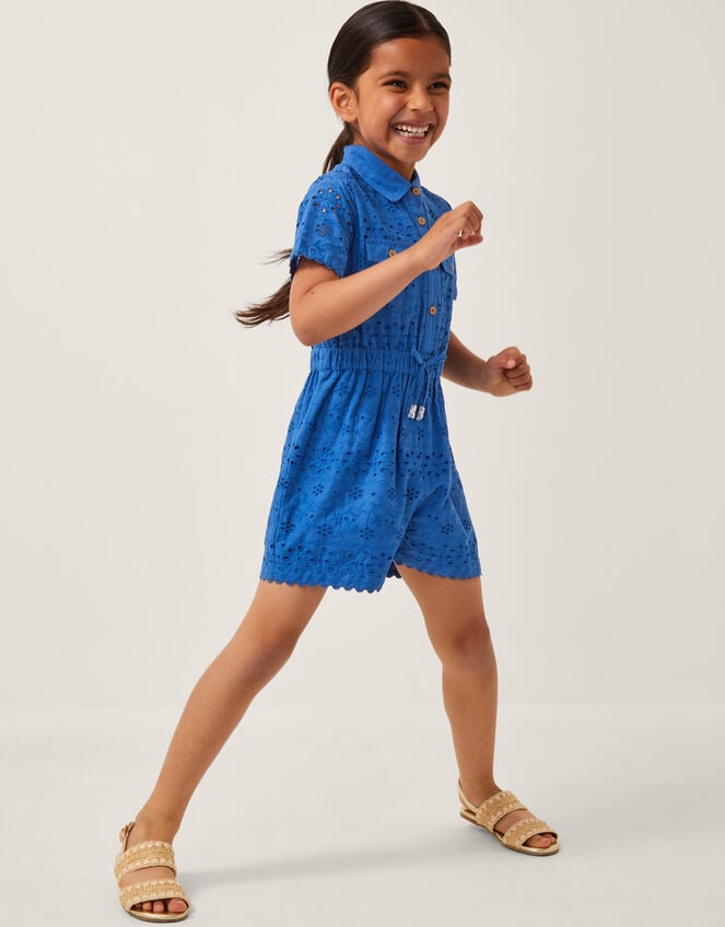 Short Sleeve Broderie Playsuit, Blue (BLUE), large