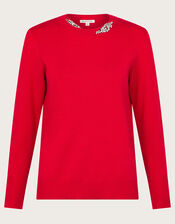 Eva Embellished Neck Jumper, Red (RED), large
