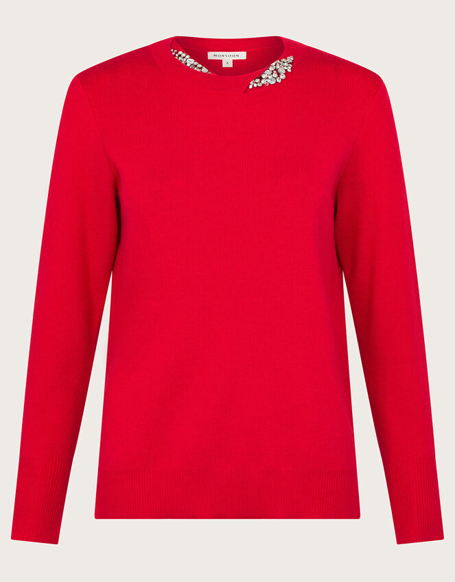 Eva Embellished Neck Jumper, Red (RED), large