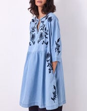East Andie Embroidered Denim Mini Dress, Blue (BLUE), large