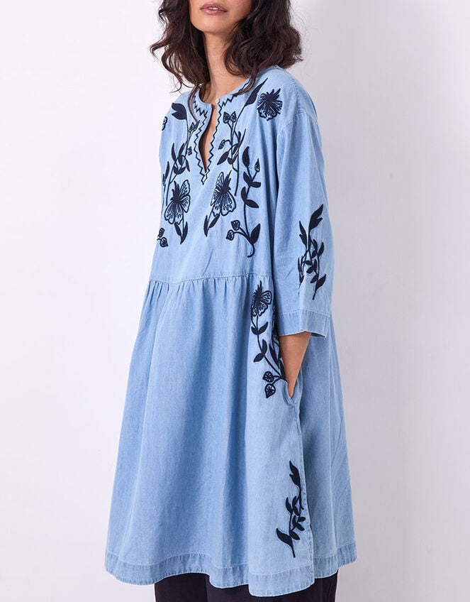 East Andie Embroidered Denim Mini Dress, Blue (BLUE), large