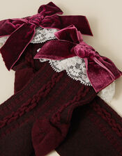 Velvet Bow Lace Frilly Socks, Red (BURGUNDY), large