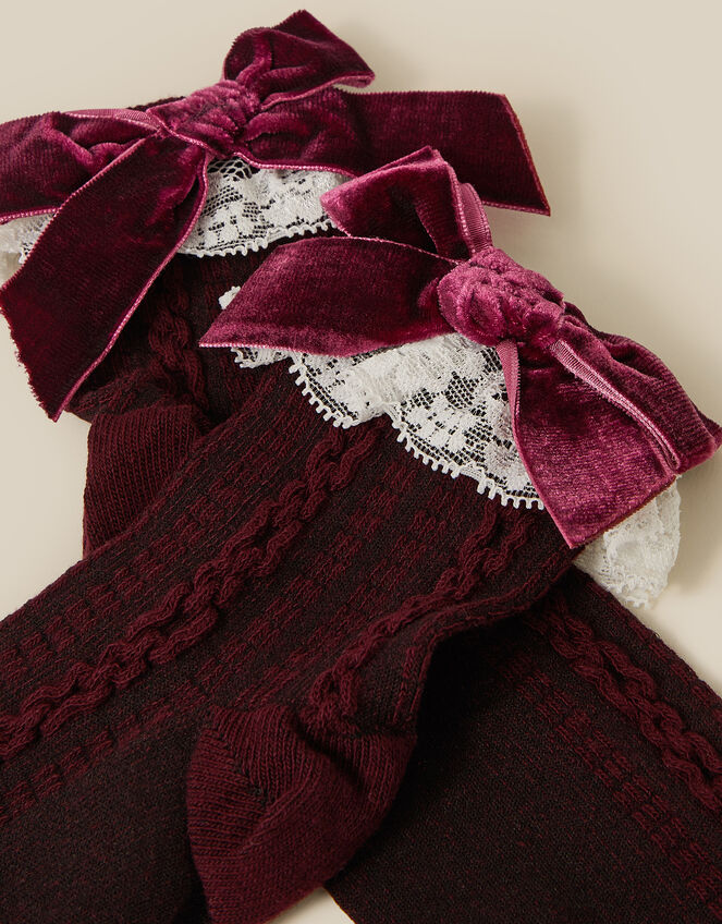 Velvet Bow Lace Frilly Socks, Red (BURGUNDY), large