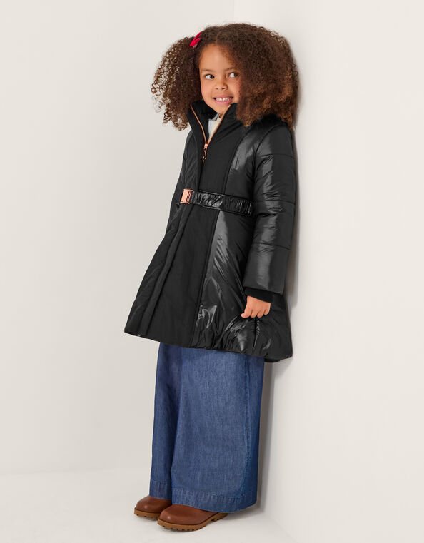 Shine Panel Belted Coat, Black (BLACK), large