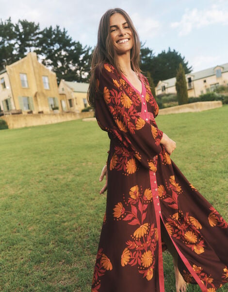 Koa Long Sleeve Floral Midi Dress, Red (BERRY), large