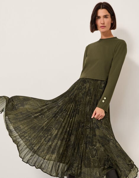 Synthia Snakeskin Pleated Midi Dress, Green (KHAKI), large