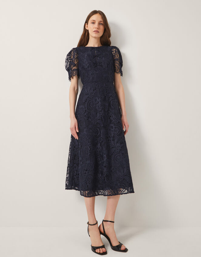 Betty Lace Puff Sleeve Midi Dress, Blue (NAVY), large
