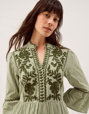 Gaia Embroidered Gingham Midi Dress, Green (GREEN), large